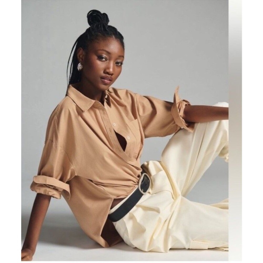 Anthropology Maeve The Bennet Buttondown Shirt Sz S M Camel Tan Cotton Oversized